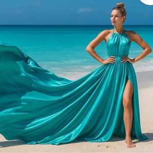 Elegant Teal Halter flying dress